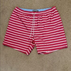 Bonobos Men's Swim Trunks with Muted Red and White stripes
